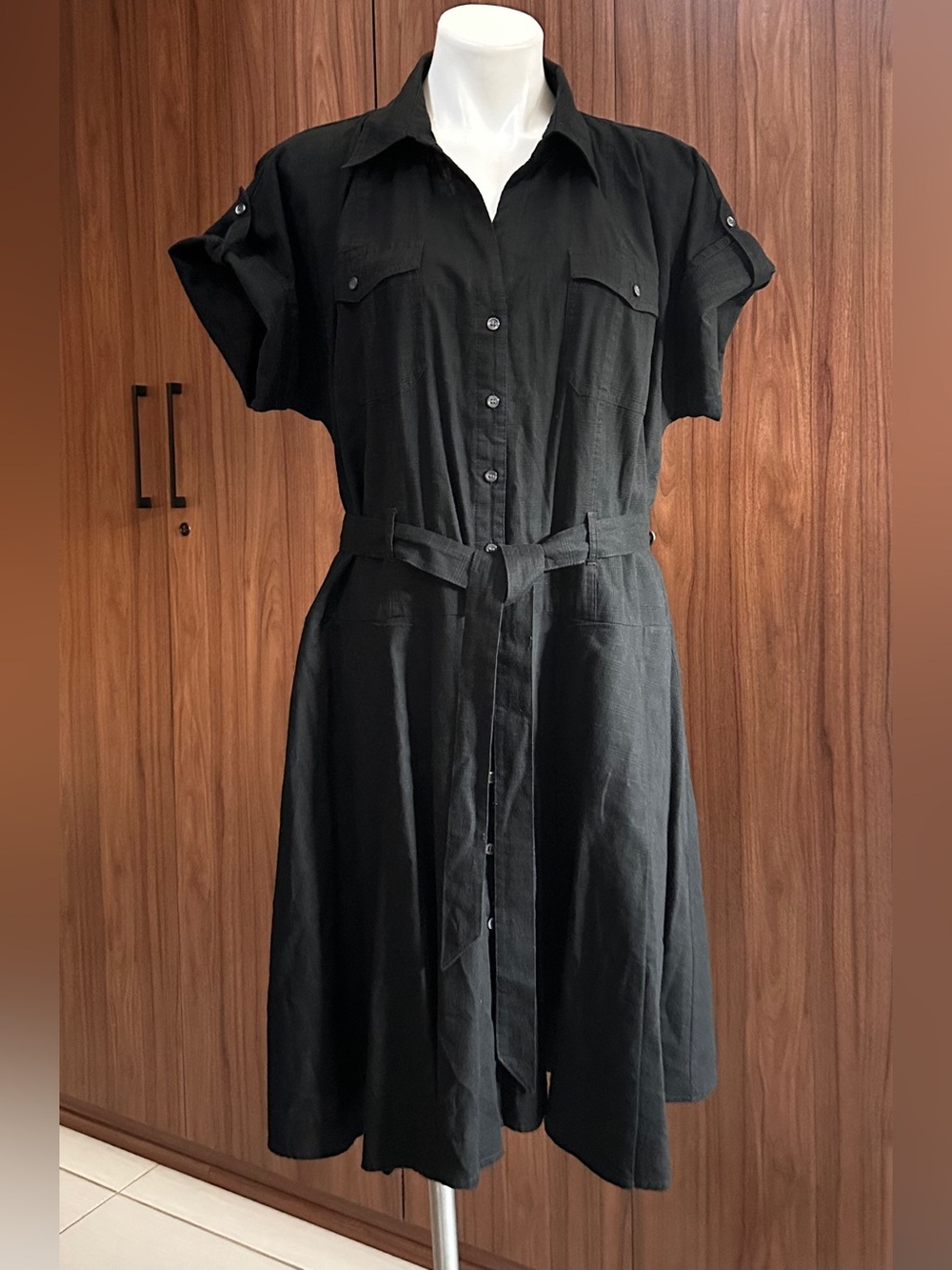 Faded Glory Black Button-Front Midi Shirt Dress with Waist Tie XL (16-18)